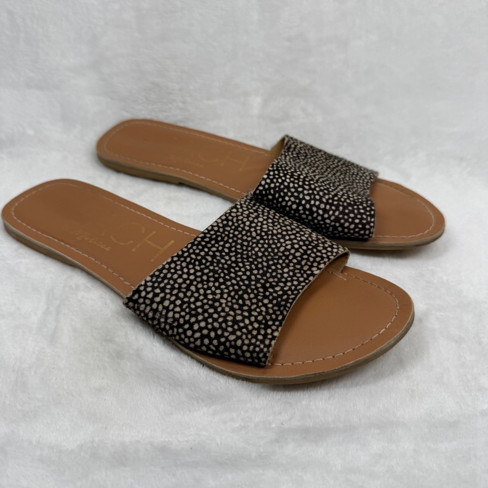 Beach by Matisse Cabana‎ Animal Print Calf Hair Slide Sandals 8 M Black Tan